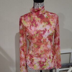 Anthropologie Women's SZ Sm. PINK‎ multi mesh Top mock neck long sleeve